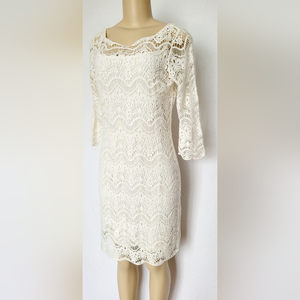Ralph Lauren 100%Cotton White Crochet Sheath Dress 3/4 Sleeve Crew Neck Lined M - Picture 4 of 16